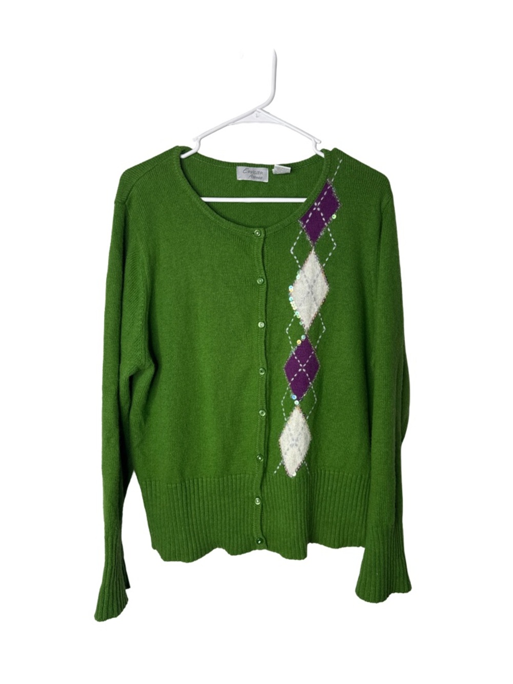 Classic Green Soft Argyle Sequin Accent Button Rabbit Hair Sweater Cardigan XL